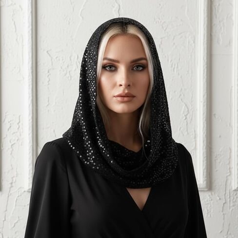 وشاح رأس عصري، غطاء رأس للجنسين مزين بالترتر، وشاح للرأس، أوشحة علوية، إكسسوارات مهرجانات للنساء (أسود) in Kuwait