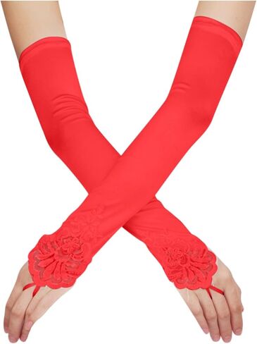 Women's Long Opera Party Fingerless 1920s Satin Tea Party Gloves Costume Stretchy Adult Size Elbow Length Red, One Size in Saudi Arabia
