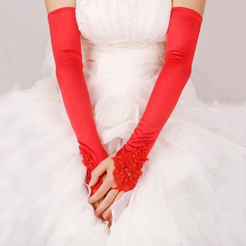 Women's Long Opera Party Fingerless 1920s Satin Tea Party Gloves Costume Stretchy Adult Size Elbow Length Red, One Size in Saudi Arabia