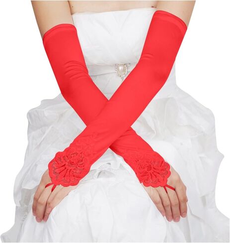 Women's Long Opera Party Fingerless 1920s Satin Tea Party Gloves Costume Stretchy Adult Size Elbow Length Red, One Size in Saudi Arabia