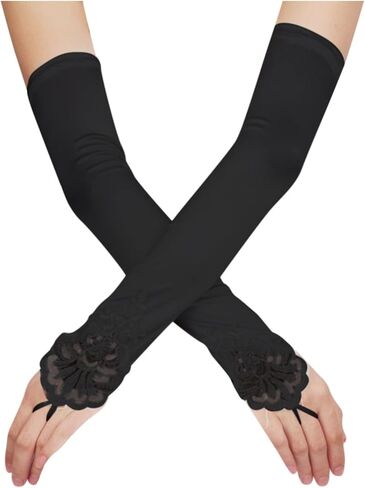 Women's Long Opera Party Fingerless 1920s Satin Tea Party Gloves Costume Stretchy Adult Size Elbow Length Red, One Size in Saudi Arabia