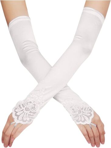 Women's Long Opera Party Fingerless 1920s Satin Tea Party Gloves Costume Stretchy Adult Size Elbow Length Red, One Size in Saudi Arabia