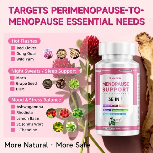 مكملات انقطاع الطمث للنساء، 400 ملغ من الكوهوش الأسود و200 ملغ من DIM للهبات الساخنة وتخفيف التعرق الليلي وتوازن الهرمونات، 35 في 1 مع البروبيوتيك والأشواغاندا والبرسيم الأحمر، 100 كبسولة/إمداد لمدة 50 يومًا in Kuwait