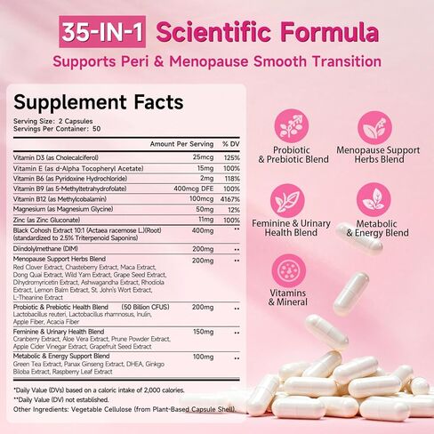 مكملات انقطاع الطمث للنساء، 400 ملغ من الكوهوش الأسود و200 ملغ من DIM للهبات الساخنة وتخفيف التعرق الليلي وتوازن الهرمونات، 35 في 1 مع البروبيوتيك والأشواغاندا والبرسيم الأحمر، 100 كبسولة/إمداد لمدة 50 يومًا in Kuwait