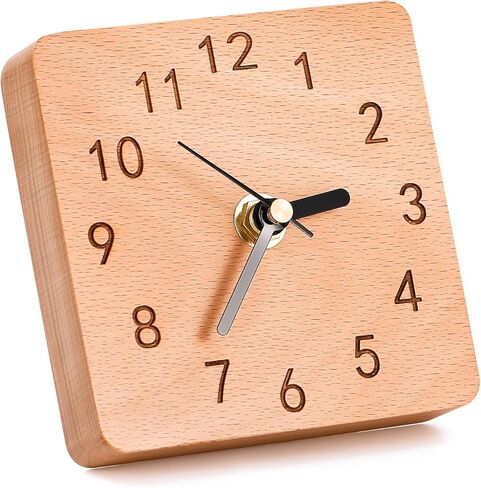 ساعة طاولة خشبية على حامل، ساعة مكتب ورف تعمل بالبطارية، ساعة سطح مكتب صامتة غير موقوتة للمكتب، غرفة المعيشة أو ديكور غرفة النوم، شكل مربع، خشب الزان in Kuwait