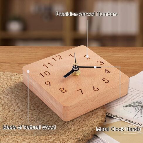 Wooden Table Clock on Stand, Decorative Battery Operated Desk and Shelf Clock, Silent Non-Ticking Desktop Clock for Office, Living Room or Bedroom Decor, Square Shape, Beech Wood in Saudi Arabia