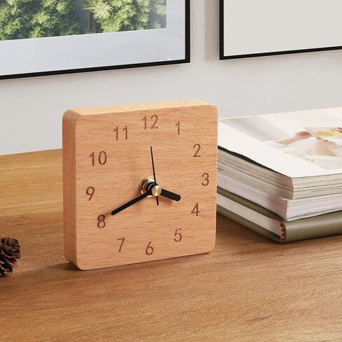 Wooden Table Clock on Stand, Decorative Battery Operated Desk and Shelf Clock, Silent Non-Ticking Desktop Clock for Office, Living Room or Bedroom Decor, Square Shape, Beech Wood in Saudi Arabia