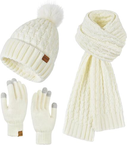 إمرأة شتاء دافئ قبعة صغيرة وشاح طويل للرقبة وقفازات تعمل باللمس مجموعة مع الصوف اصطف بوم الجمجمة قبعات للنساء in Kuwait