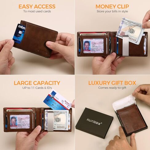 RUNBOX محافظ الجدة ضئيلة للرجال تتفاعل حجب 11 حامل بطاقة الحد الأدنى جلدية صغيرة Bifold الرجال محفظة جيب أمامي هدية صندوق in Kuwait