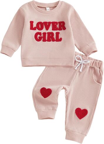 Toddler Baby Boy Valentines Day Outfit Lover Boy Embroidery Waffle Knit Sweatshirt Long Pants 2Pcs Clothes Set in Saudi Arabia