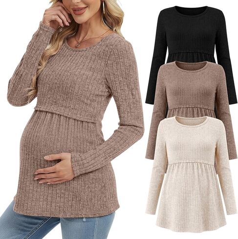 3 Pack Women Maternity Tops Long Sleeve Pregnancy Shirts Double Front Layer Nursing Breastfeeding Postpartum Clothes in Saudi Arabia