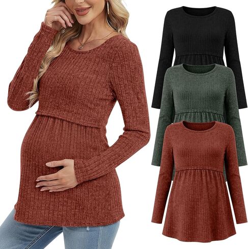 3 Pack Women Maternity Tops Long Sleeve Pregnancy Shirts Double Front Layer Nursing Breastfeeding Postpartum Clothes in Saudi Arabia