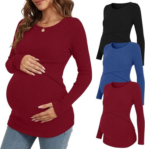 3 حزمة النساء قمم الأمومة طويلة الأكمام الحمل مضلع قمصان متماسكة طاقم الرقبة التمريض ملابس الرضاعة الطبيعية غير رسمية in Saudi Arabia