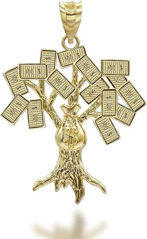 10K Yellow, White, or Rose Gold USD Dollar Money Bag Treasure Tree Pendant - Choice of Metal in Saudi Arabia
