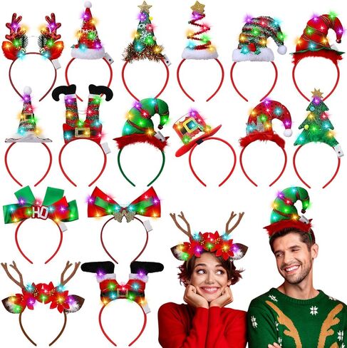 Zeyune 16 Pcs Christmas LED Headbands Xmas Tree Costume Headwear Reindeer Elf Hats Headband Light up for Party in Kuwait