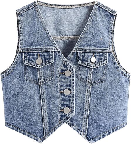 Floerns Girl's Button Down Denim Vest V Neck Sleeveless Asymmetrical Jean Jacket in Saudi Arabia