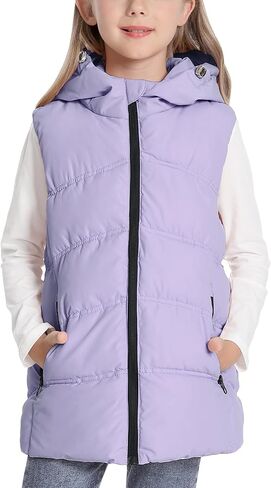 Happy Cherry Girls Mid-Length Hooded Puffer Vest Winter Warm Sleeveless Jacket with Easy Zipper & Side Pockets in Saudi Arabia