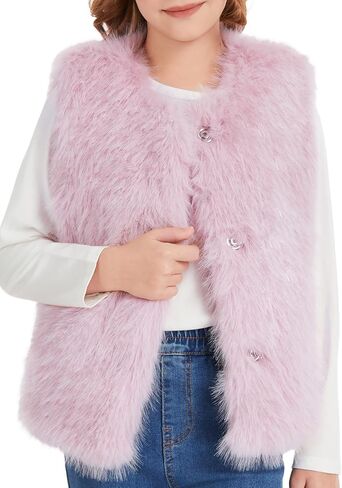 Flygo Girls Faux Fur Vest Kids Sleeveless Open Front Fluffy Jacket Warm Winter Fuzzy Waistcoat Outerwear with Pockets in Saudi Arabia