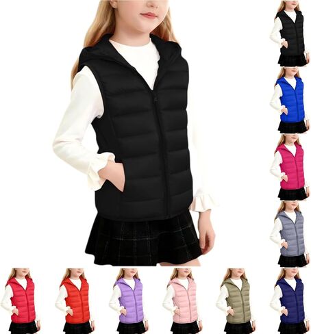 Girls Puffer Vest Hooded Warm Travel Zip Up Sleeveless Winter Jacket Lightweight Padded Vests Cozy Fall Coats Clothes in Kuwait