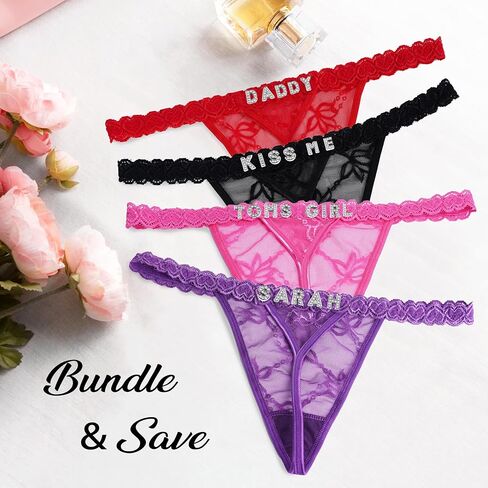 Custom Name Thongs, Personalized Rhinestone Thong Panties 2-Pack, Custom Underwear for Girlfriend, Personalized Lingerie Gift for Anniversary, Valentine’s Day, Bridal or Bachelorette Party in Saudi Arabia