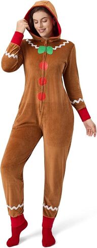 Women’s Christmas Onesie Pajamas, Hooded Jumpsuit with Pockets, Adult Holiday Loungewear, Cozy Zip-Up Sleepwear in Saudi Arabia