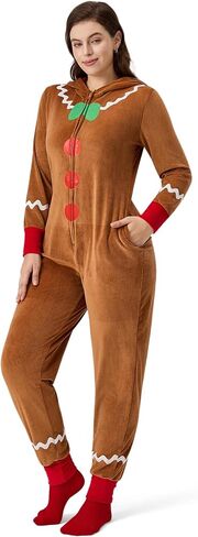 Women’s Christmas Onesie Pajamas, Hooded Jumpsuit with Pockets, Adult Holiday Loungewear, Cozy Zip-Up Sleepwear in Kuwait