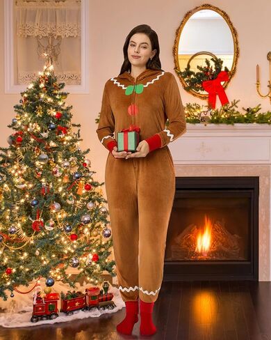 Women’s Christmas Onesie Pajamas, Hooded Jumpsuit with Pockets, Adult Holiday Loungewear, Cozy Zip-Up Sleepwear in Kuwait