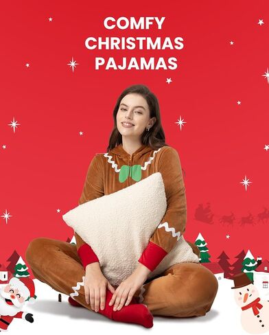 Women’s Christmas Onesie Pajamas, Hooded Jumpsuit with Pockets, Adult Holiday Loungewear, Cozy Zip-Up Sleepwear in Kuwait