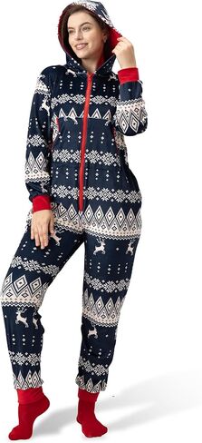 Women’s Christmas Onesie Pajamas, Hooded Jumpsuit with Pockets, Adult Holiday Loungewear, Cozy Zip-Up Sleepwear in Kuwait