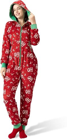 Women’s Christmas Onesie Pajamas, Hooded Jumpsuit with Pockets, Adult Holiday Loungewear, Cozy Zip-Up Sleepwear in Kuwait