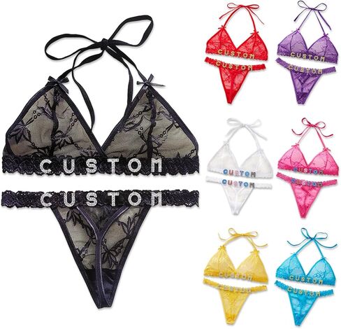 Custom Thongs For Women - 2 Pack Personalized Thongs Set With Name Rhinestone Lingerie With Panties & Bra in Saudi Arabia