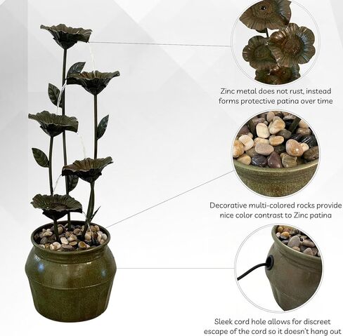XBrand 34.3" H Zinc Metal Flower Fountain with River Stones – Indoor & Outdoor Water Feature in Saudi Arabia