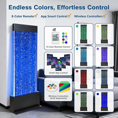 نافورة حائط فقاعية حسية LED قائمة على الأرض مقاس 47 بوصة - لوحة مياه متغيرة الألوان مع جهاز تحكم عن بعد وتحكم في التطبيقات للغرف الحسية والمدارس والمنزل in Kuwait