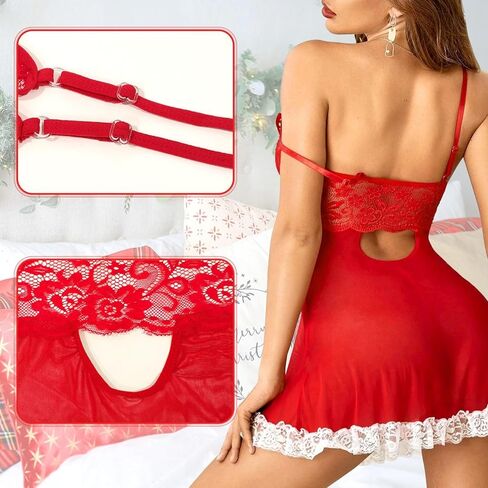 Women's Sexy Christmas Santa Lingerie Costume Outfits Red Babydoll Chemise Nightdress with Sheer Mesh Lace Dress in Saudi Arabia