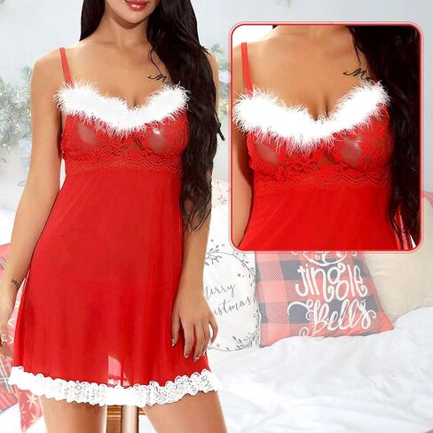 Women's Sexy Christmas Santa Lingerie Costume Outfits Red Babydoll Chemise Nightdress with Sheer Mesh Lace Dress in Saudi Arabia