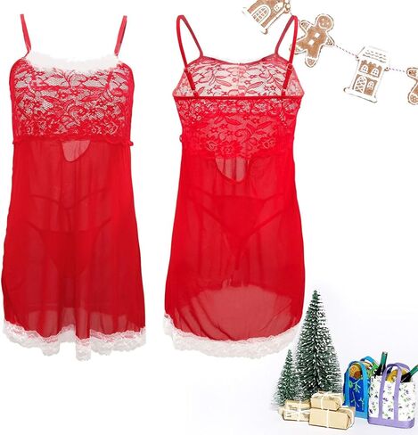 Women's Sexy Christmas Santa Lingerie Costume Outfits Red Babydoll Chemise Nightdress with Sheer Mesh Lace Dress in Saudi Arabia