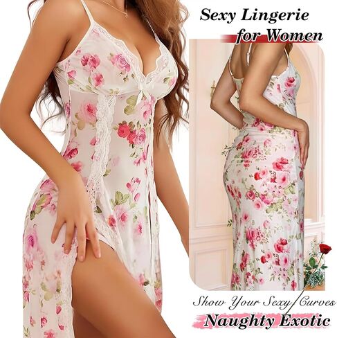 Women's Lace Sexy Nightgowns Lingerie for Women with Fine Mesh Three Skirt Side High Split Lace Hem Lingerie in Saudi Arabia