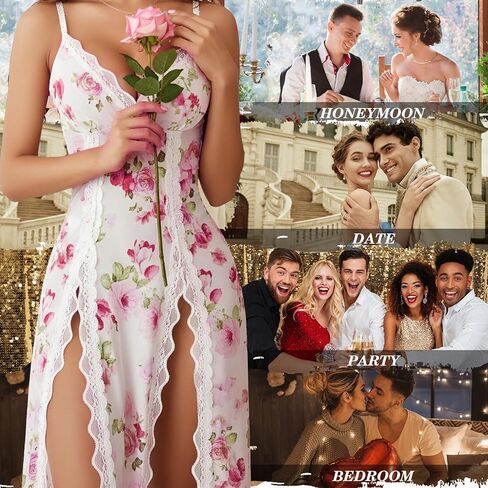 Women's Lace Sexy Nightgowns Lingerie for Women with Fine Mesh Three Skirt Side High Split Lace Hem Lingerie in Saudi Arabia