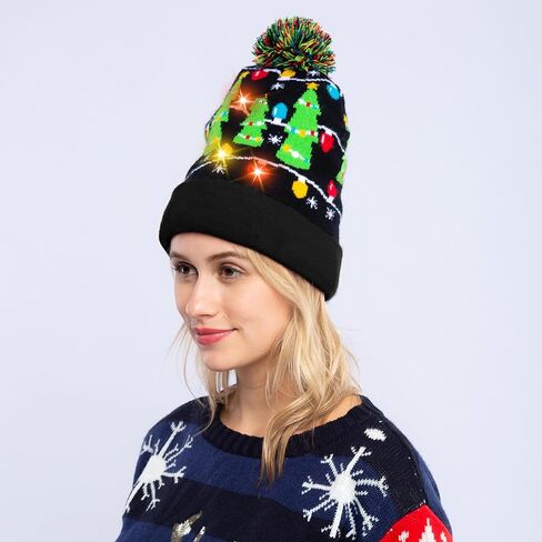 JOYIN Christmas Light-up Knitted Beanie Cap Ugly Sweater LED Hat Beanie with 6 Flashing Modes Funny Hat for Women Men Christmas Accessories Party Supplies Unisex Winter Black in Saudi Arabia