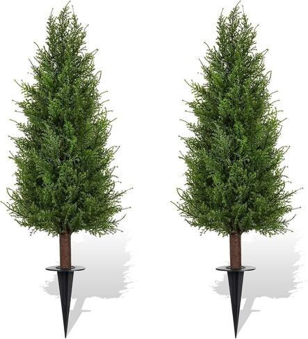 2 Pack 3ft Artificial Cedar Topiary Trees with Ground Spike, Realistic Fake Plants Tree UV Resistant Artificial Plants Indoor Outdoor Faux Plants Evergreen Bushes Shrubs for Porch Garden Office in Saudi Arabia