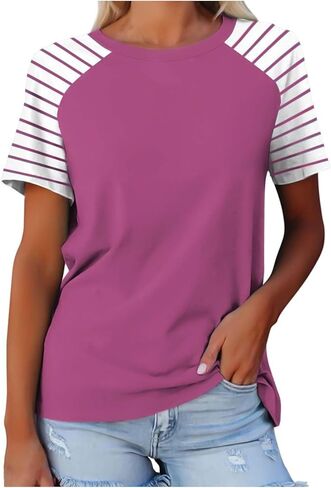 Womens Striped Tops Summer Short Sleeve Shirts Raglan Striped T-Shirts Crewneck Basic Shirts Casual Loose Fit Tees in Saudi Arabia