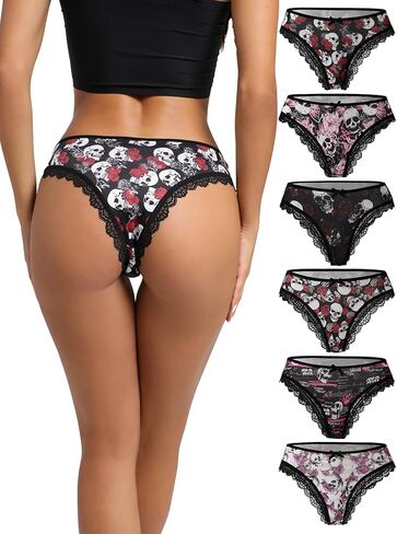 6 Pack Women's Gothic Thong Panties - Skull Print with Lace Trim, Black and Red Sexy Underwear for Women Wear in Saudi Arabia