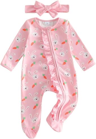 Lamuusaa Newborn Baby Girl Easter Outfit Bunny Bow Print Footie Romper Ruffle Bodysuit Zipper Jumpsuit Headband 0-18M in Kuwait