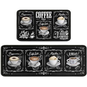 2 Piece Coffee Kitchen Decor Rug Set, Home Kitchen Sink Rugs and Mats Non Skid Washable Absorbent Microfiber Kitchen Floor Carpet 17"x47"+17"x30" in Saudi Arabia
