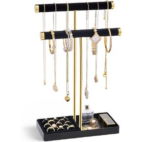 Lolalet 2-Tier Necklace Holder Display, Velvet Wrapped Bracelet Stand with Removable Ring Tray, Jewelry Organizer Rack for Bangles Watches Scrunchies Earrings, Gift for Girls Women -White in Saudi Arabia