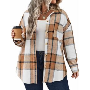 IN'VOLAND Women's Oversized Flannel Flannel Plaid Shirts Long Sleeve Button Down Casual Boyfriend Blouse Top Sandy Brown in Kuwait