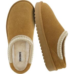 CUSHIONAIRE Keto Genuine Suede Leather Kids Slippers for Boys and Girls – Cozy Slip-On Mule House Shoes with Faux Fur Lining, Cushioned Memory Foam Comfort in Kuwait