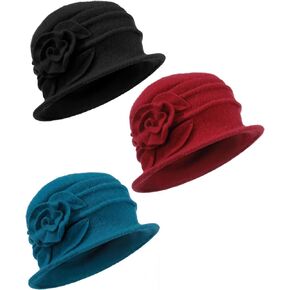 3 Pcs Church Hat for Women Cloche Bucket Winter Beret Hat French 3D Floral Wool Fleece Winter Cap Headgear, 56-58cm in Kuwait
