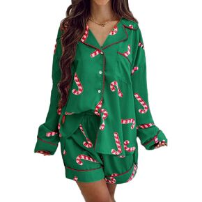 Women Christmas Pajamas Set Cute Printed Pjs Long Sleeve Shirt Shorts Holiday Lounge 2 Piece Sleepwear in Saudi Arabia