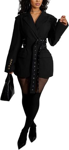 فستان Vakkest Blazer للنساء كاجوال بأكمام طويلة وطية صدر السترة معطف خريفي أنيق للعمل والمكتب وسترة مع حزام in Saudi Arabia